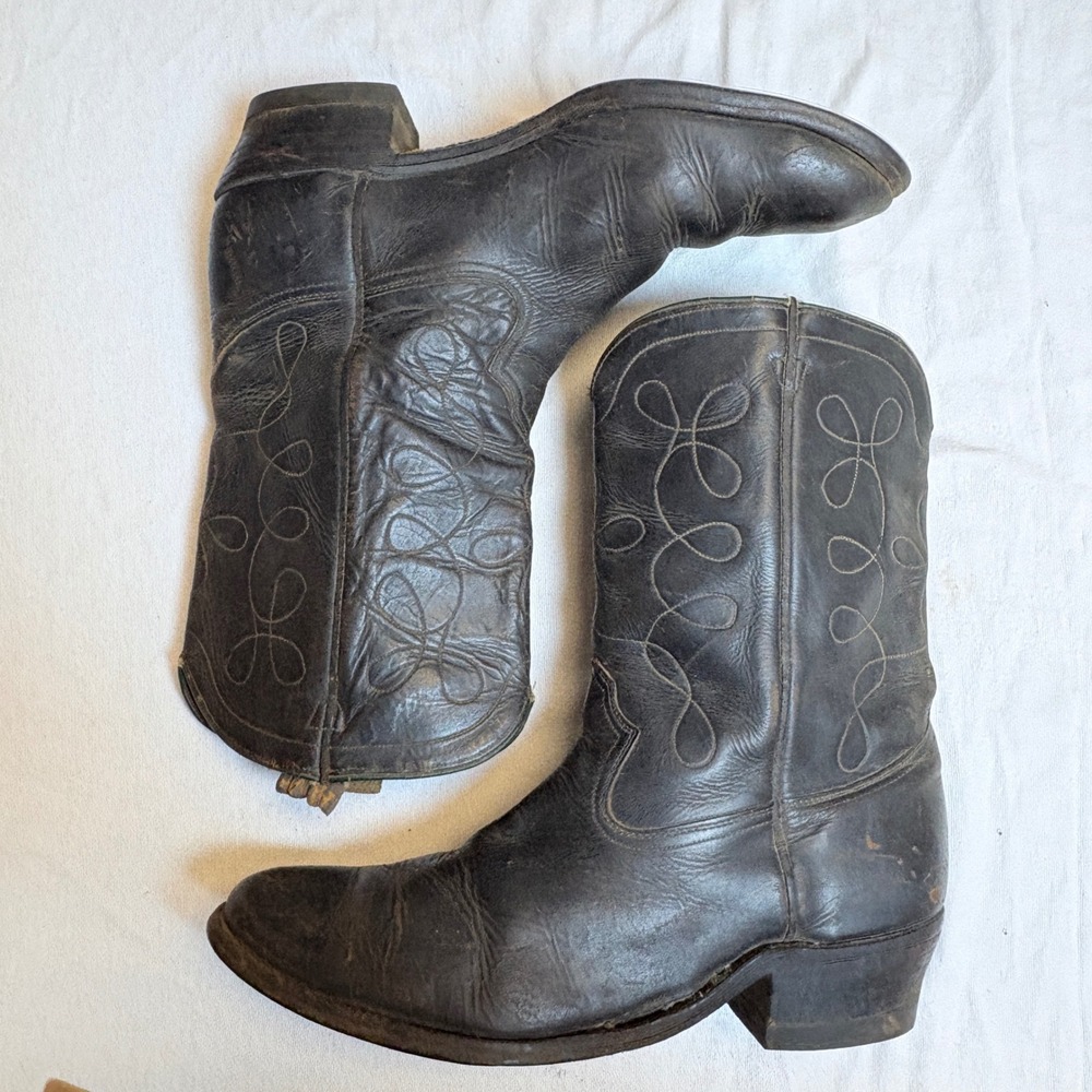 Vtg Acme Black Leather Cowboy Boot Men 10.5 M Western Round Toe O'Sullivan Heel